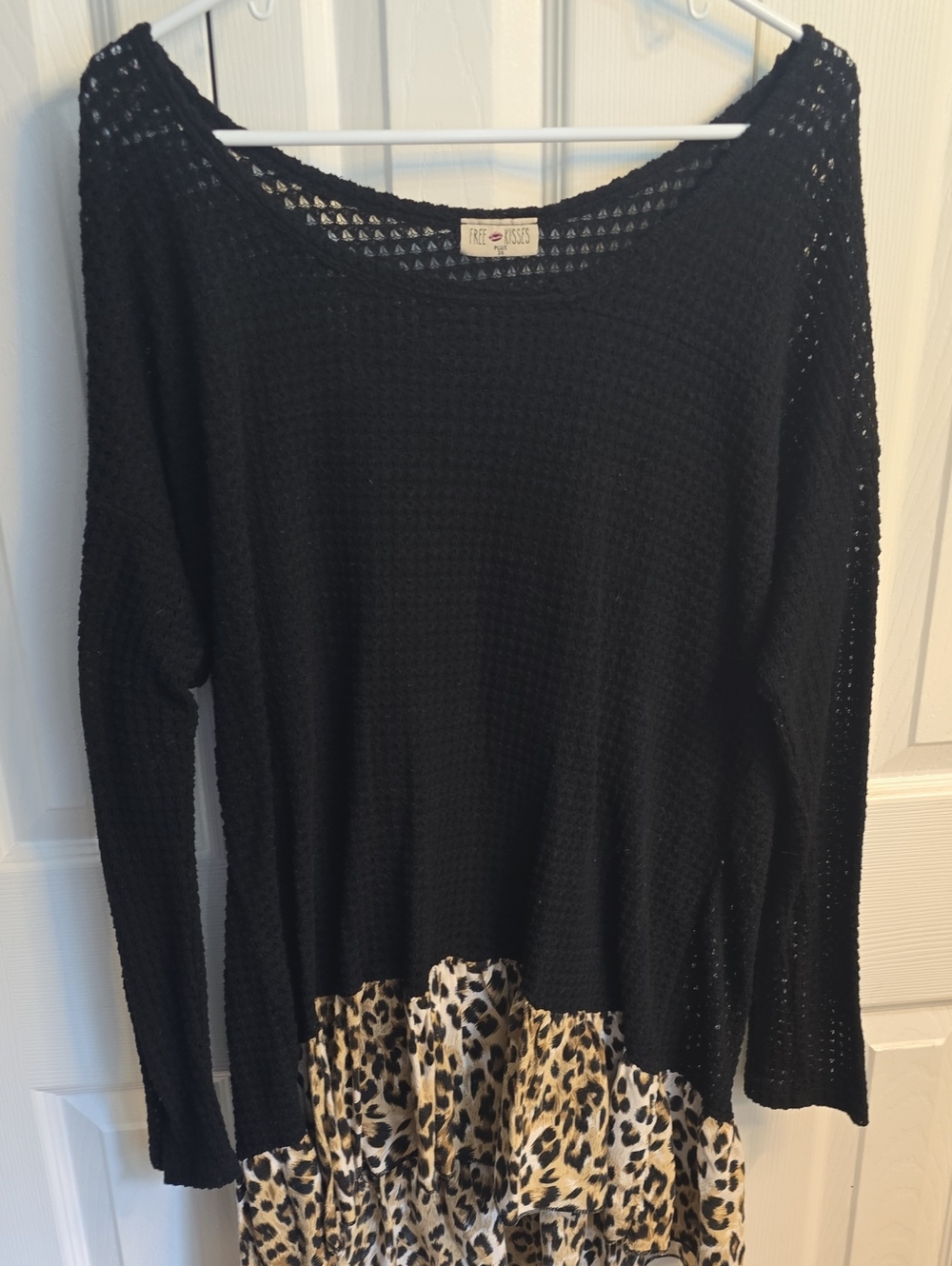 Free Kisses Black Waffle Knit Sweater with Leopard Hem